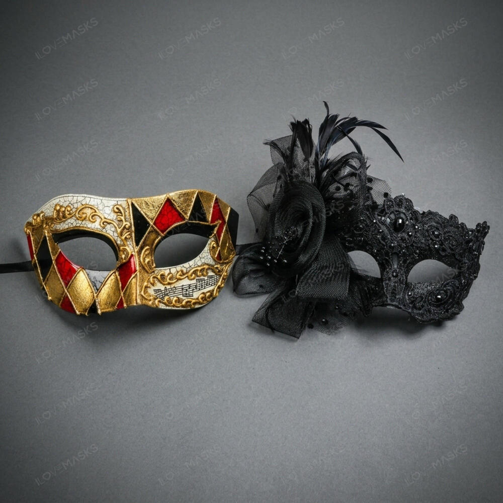 Mardi Gras Harlequin Lace Masquerade Halloween Party Masks Gold Black